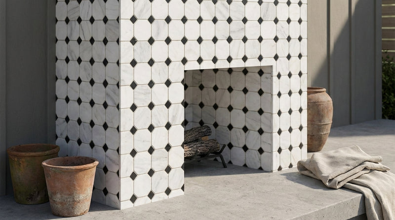 Oriental White (Asian Statuary) Marble Honed Octagon Mosaic (w/ Black)