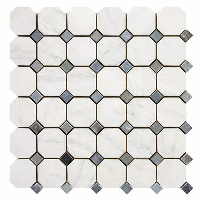 Oriental White (Asian Statuary) Marble Honed Octagon Mosaic (w/ Blue-Gray)
