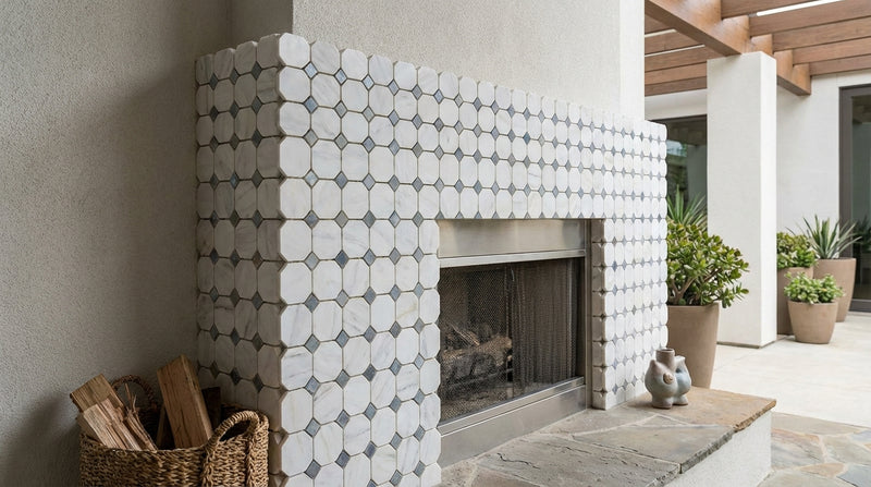 Oriental White (Asian Statuary) Marble Honed Octagon Mosaic (w/ Blue-Gray)