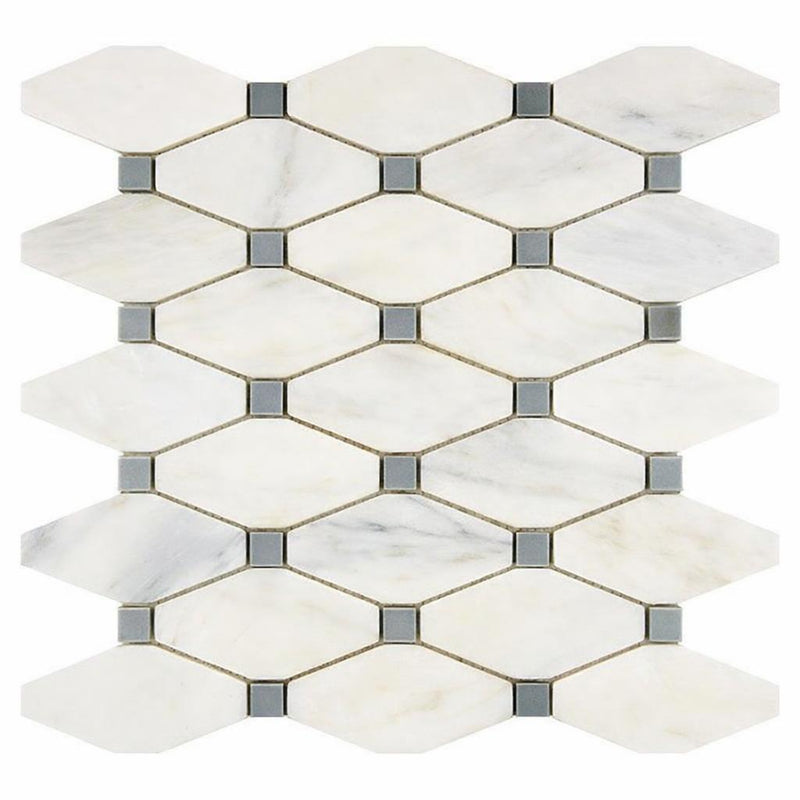 Oriental White (Asian Statuary) Marble Honed Octave Mosaic Octave (Long Octagon) Mosaic (w/ Black)