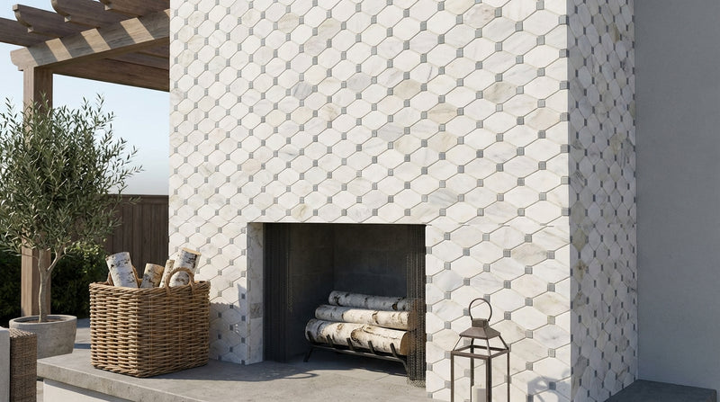 Oriental White (Asian Statuary) Marble Honed Octave Mosaic Octave (Long Octagon) Mosaic (w/ Black)