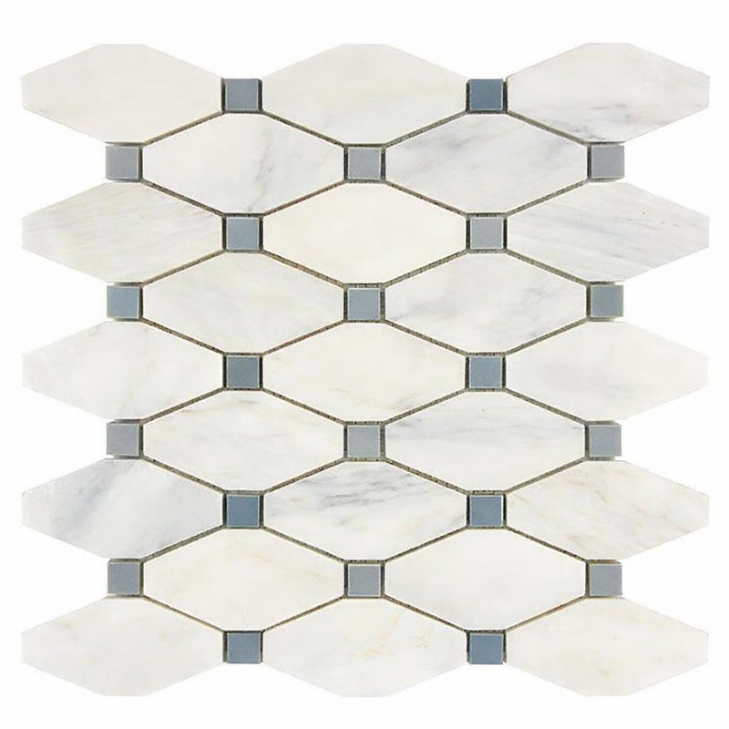 Oriental White (Asian Statuary) Marble Honed Octave Mosaic Octave (Long Octagon) Mosaic (w/ Blue-Gray)