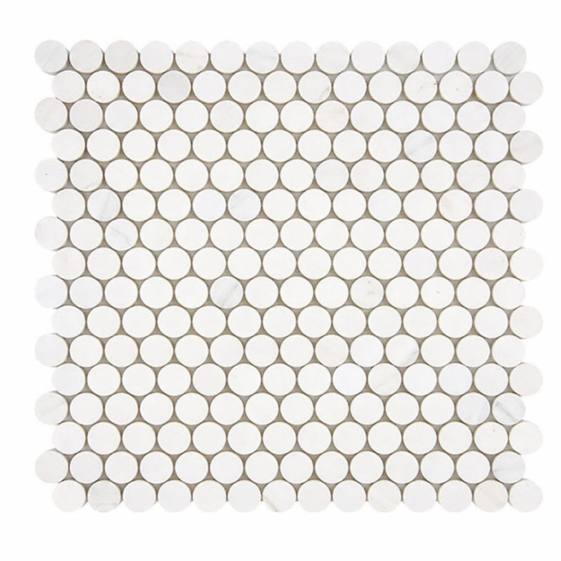Oriental White (Asian Statuary) Marble Honed Penny-Round Mosaic (Oriental White + Thassos + Black)