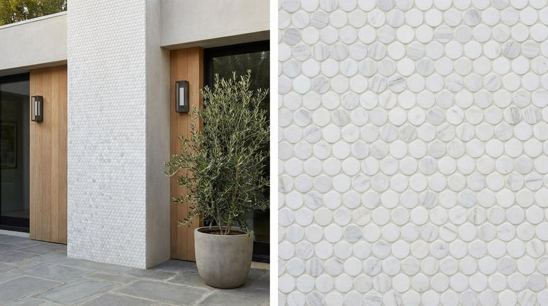 Oriental White (Asian Statuary) Marble Honed Penny-Round Mosaic (Oriental White + Thassos + Black)