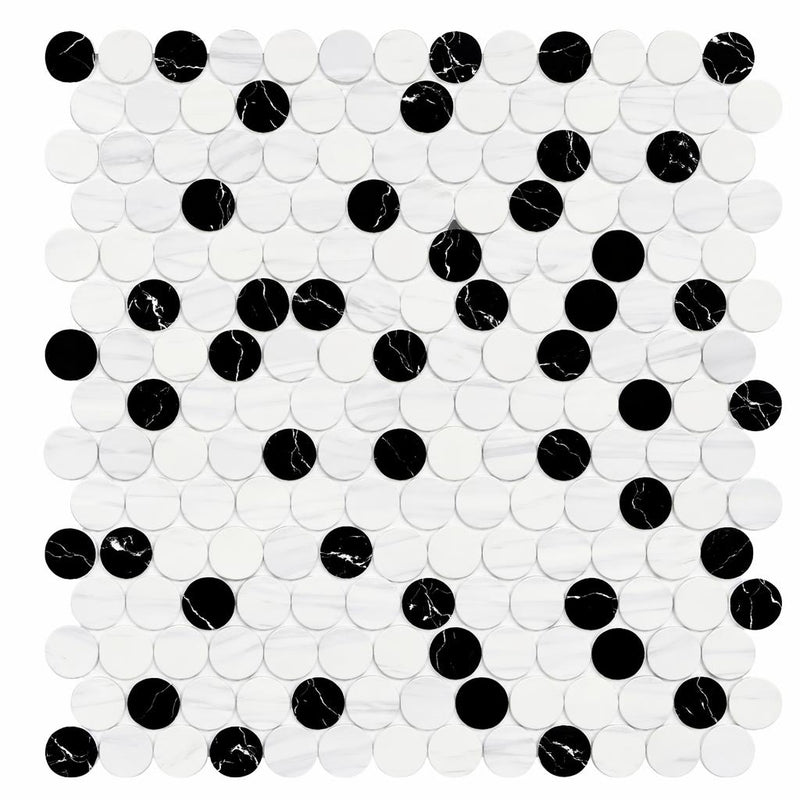 Oriental White (Asian Statuary) Marble Honed Penny-Round Mosaic (Oriental White + Thassos + Blue)