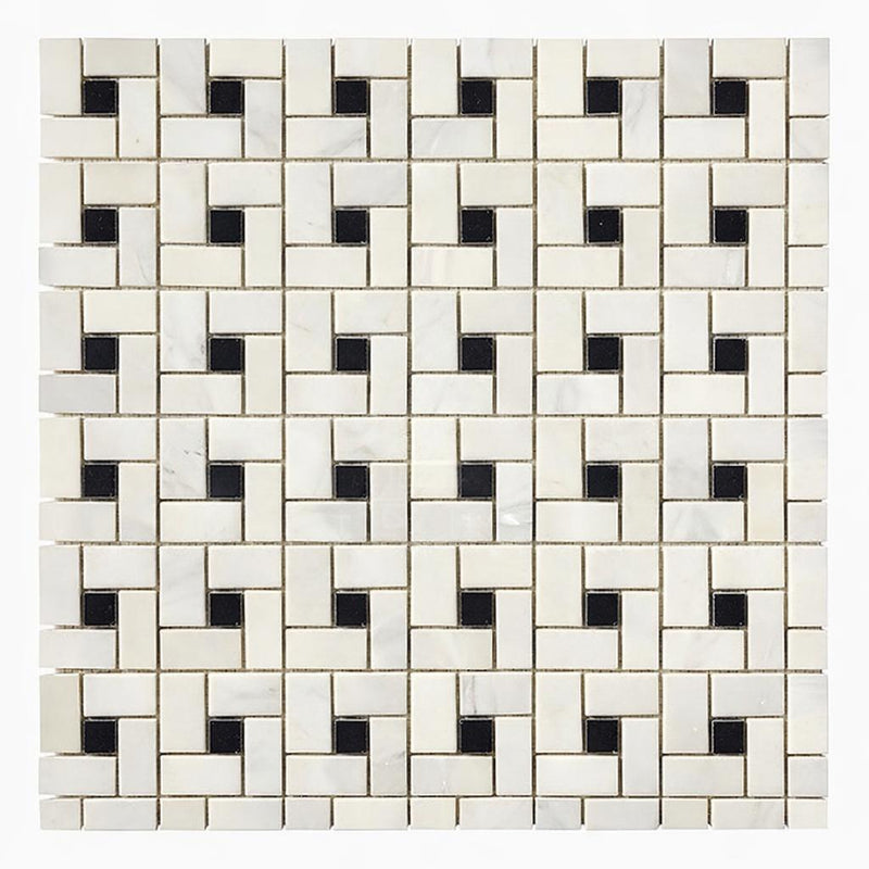 Oriental White (Asian Statuary) Marble Honed Pinwheel Mosaic (w/ Black)