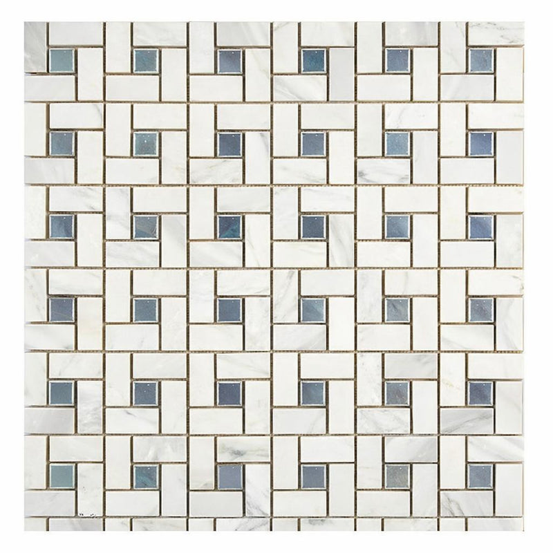 Oriental White (Asian Statuary) Marble Honed Pinwheel Mosaic (w/ Blue-Gray)