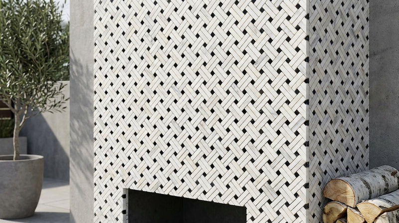 Oriental White (Asian Statuary) Marble Honed Stanza Mosaic (w/ Black)