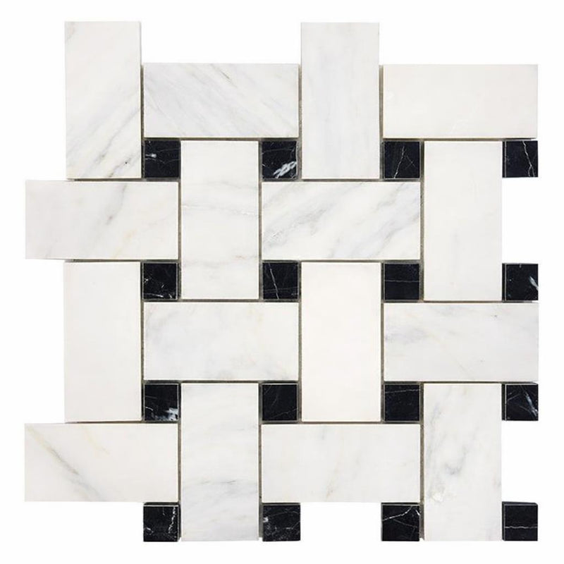 Oriental White (Asian Statuary) Marble Honed Basketweave Mosaic w/ (Black)