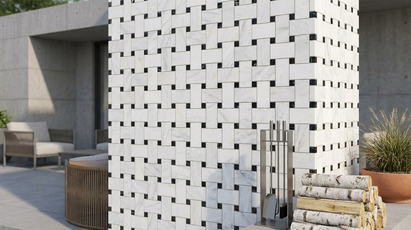 Oriental White (Asian Statuary) Marble Honed Basketweave Mosaic w/ (Black)