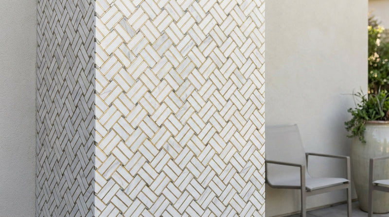 Oriental White (Asian Statuary) Marble Honed Stanza Mosaic (w/ Blue-Gray)