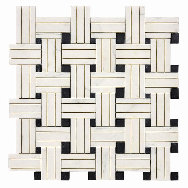 Oriental White (Asian Statuary) Marble Honed Mosaic Triple-Weave (w/ Black)