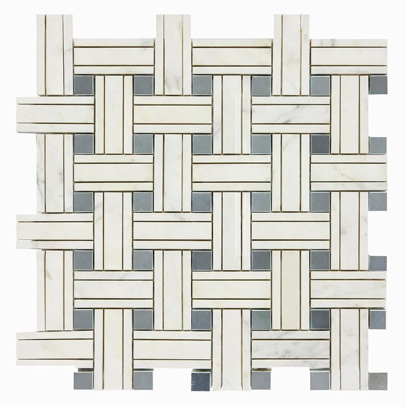 Oriental White (Asian Statuary) Marble Honed Mosaic Triple-Weave (w/ Blue-Gray)