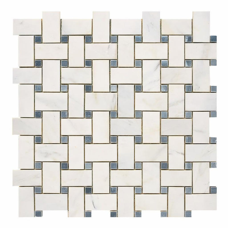 Oriental White (Asian Statuary) Oriental White Marble Polished / Honed Basketweave Mosaic Basketweave Mosaic w/ (Blue-Gray)