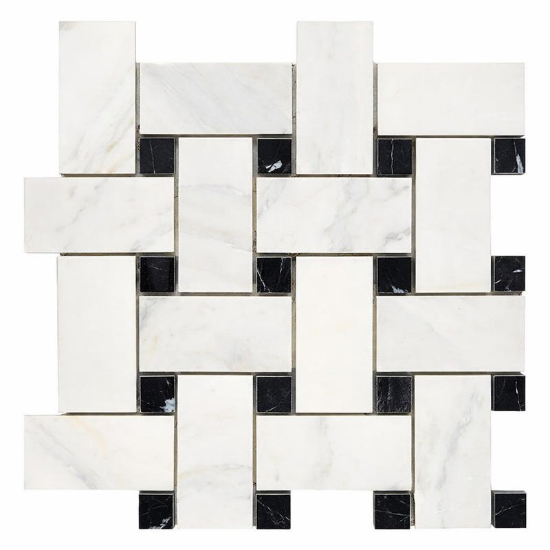Oriental White (Asian Statuary) Oriental White Marble Polished / Honed Basketweave Mosaic Basketweave Mosaic w/ (Black) - (LARGE)
