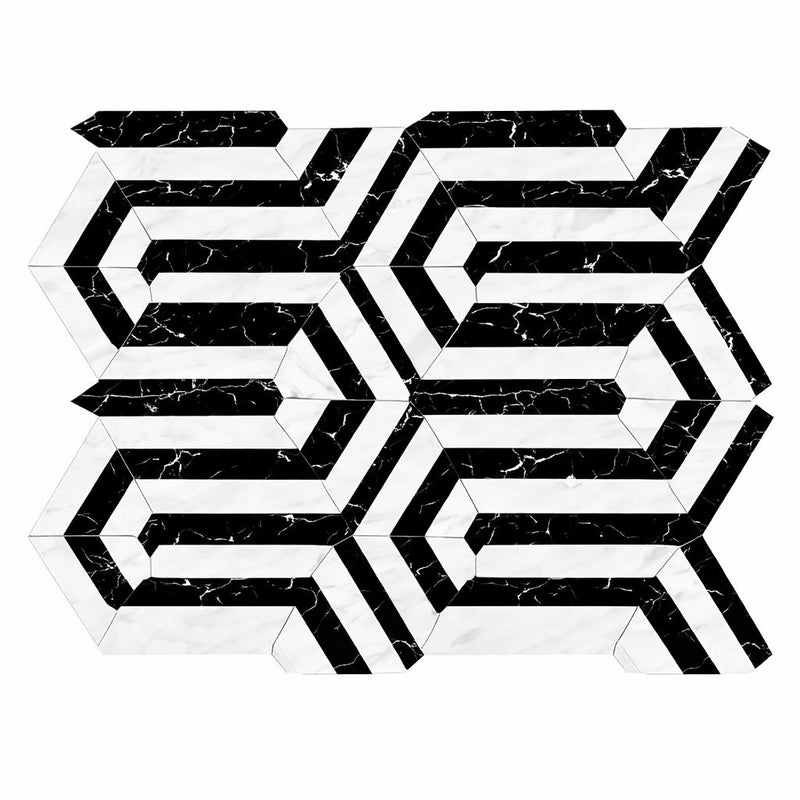 Oriental White (Asian Statuary) Marble Honed Mosaic Berlinetta Design (w/ Black)