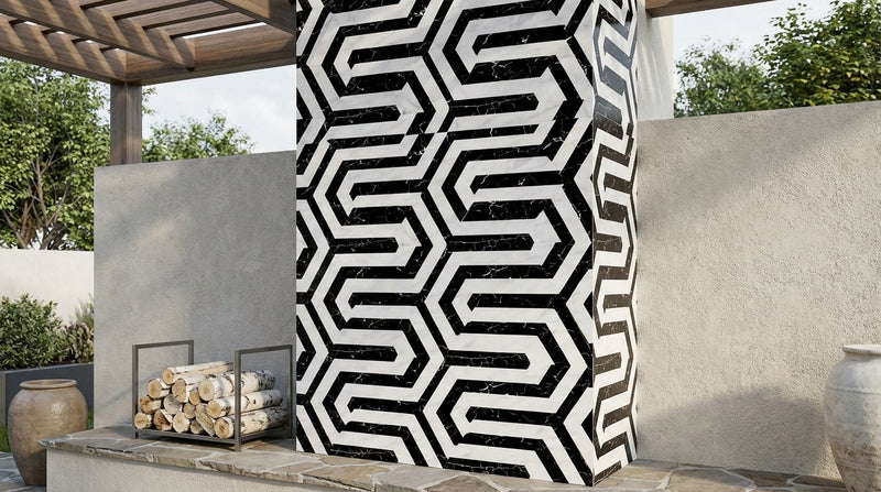 Oriental White (Asian Statuary) Marble Honed Mosaic Berlinetta Design (w/ Black)