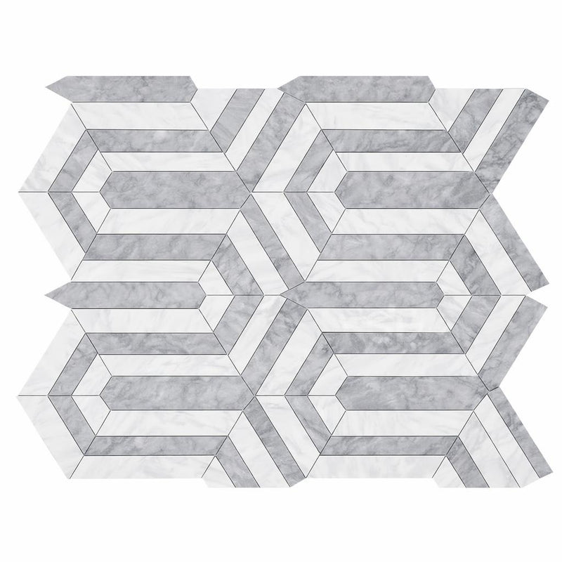 Oriental White (Asian Statuary) Marble Honed Mosaic Berlinetta Design (w/ Blue-Gray)