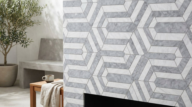 Oriental White (Asian Statuary) Marble Honed Mosaic Berlinetta Design (w/ Blue-Gray)