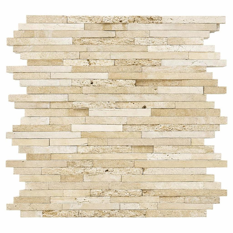 Ivory / Light Ivory Travertine 3/8xFREE Length Cream Polished & Honed & Split-faced (Mix) Random-Strip Mosaic Random-Strip Mosaic - (No Grout)