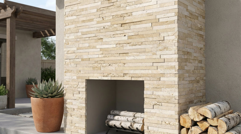 Ivory / Light Ivory Travertine 3/8xFREE Length Cream Polished & Honed & Split-faced (Mix) Random-Strip Mosaic Random-Strip Mosaic - (No Grout)