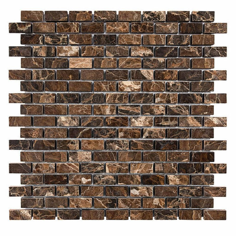 Emperador Dark (Spanish) Marble 5/8x1 1/4 Tumbled Brick Joint Mosaic Mini-Brick Mosaic