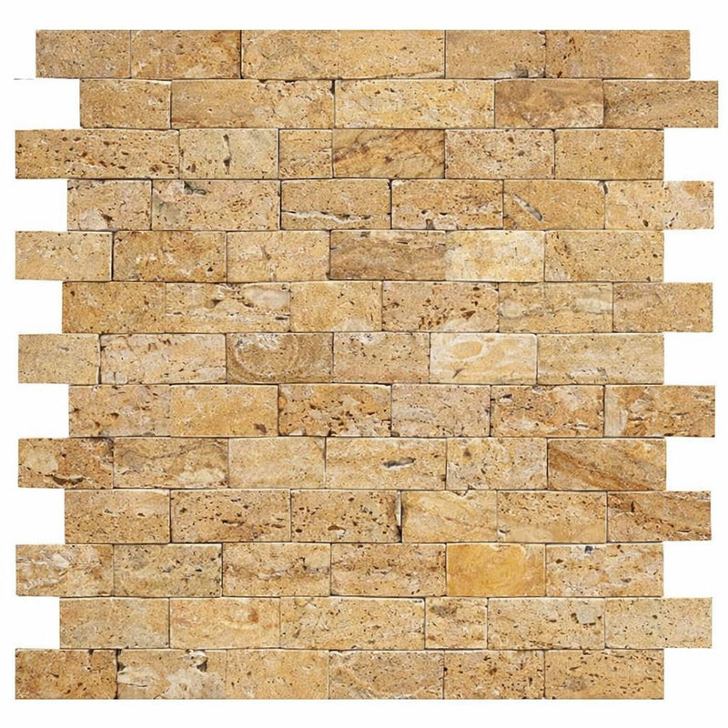 Gold / Yellow Gold Travertine 1x2 Split-faced Travertine Brick Joint Mosaic Brick Mosaic