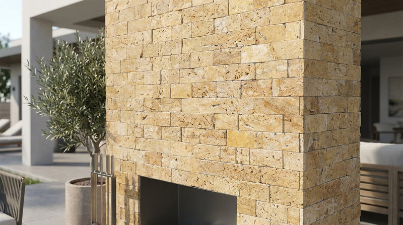 Gold / Yellow Gold Travertine 1x2 Split-faced Travertine Brick Joint Mosaic Brick Mosaic