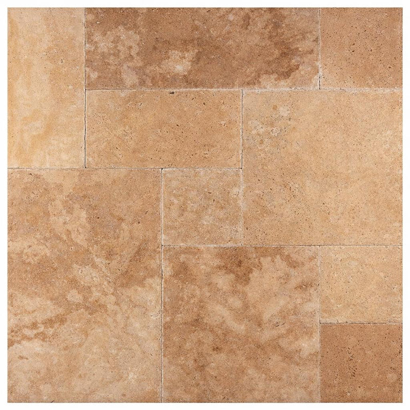Walnut Travertine Versailles Pattern Unfilled, Brushed & Chiseled Travertine Tile
