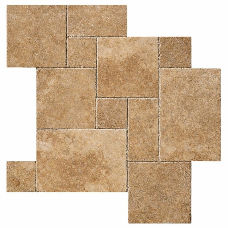 Walnut Travertine Versailles Pattern Unfilled, Brushed & Chiseled Travertine Tile