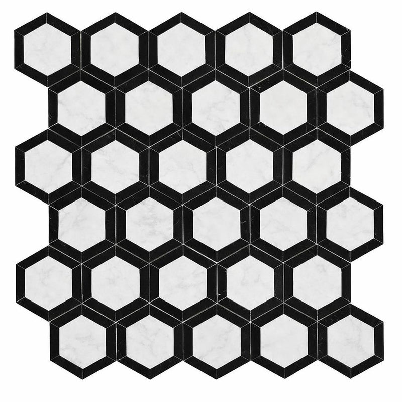 Oriental White (Asian Statuary) Marble 2x2 Honed Hexagon Mosaic Vortex Hexagon (w/ Black)