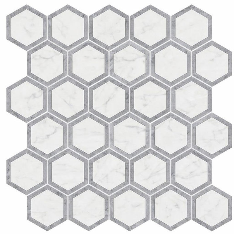 Oriental White (Asian Statuary) Marble 2x2 Honed Hexagon Mosaic Vortex Hexagon (w/ Blue-Gray)