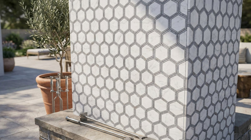 Oriental White (Asian Statuary) Marble 2x2 Honed Hexagon Mosaic Vortex Hexagon (w/ Blue-Gray)
