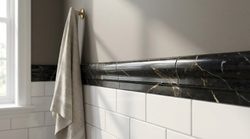 Nero Marquina (Black) Nero Marquina Marble 2x12 Polished / Honed Tile OG-1 (Single-step Chair Rail Trim)