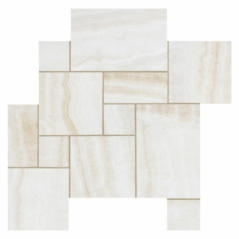 White (Bianco / Vanilla) Onyx Polished Mosaic OPUS 4-pcs. Mini Pattern (Vein-cut)
