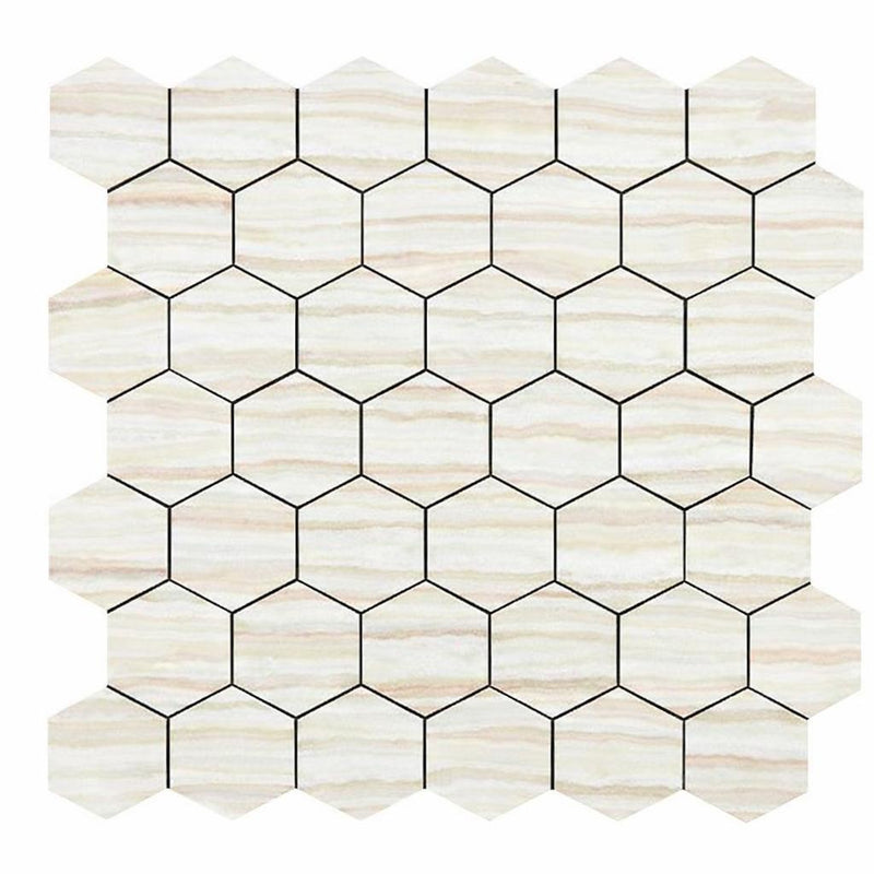 White (Bianco / Vanilla) Onyx Polished Hexagon Mosaic 2" Hexagon (Cross-Cut)