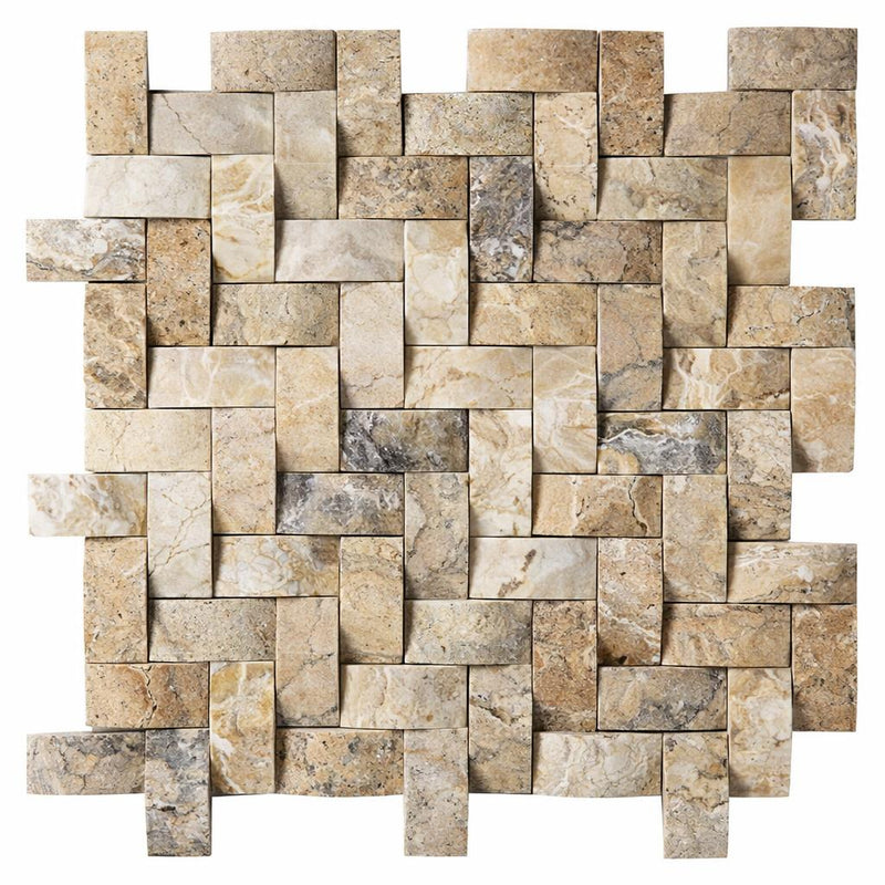 Antico Onyx 1x2 Round-Faced (CNC-Arched / Wavy) Travertine Herringbone Mosaic