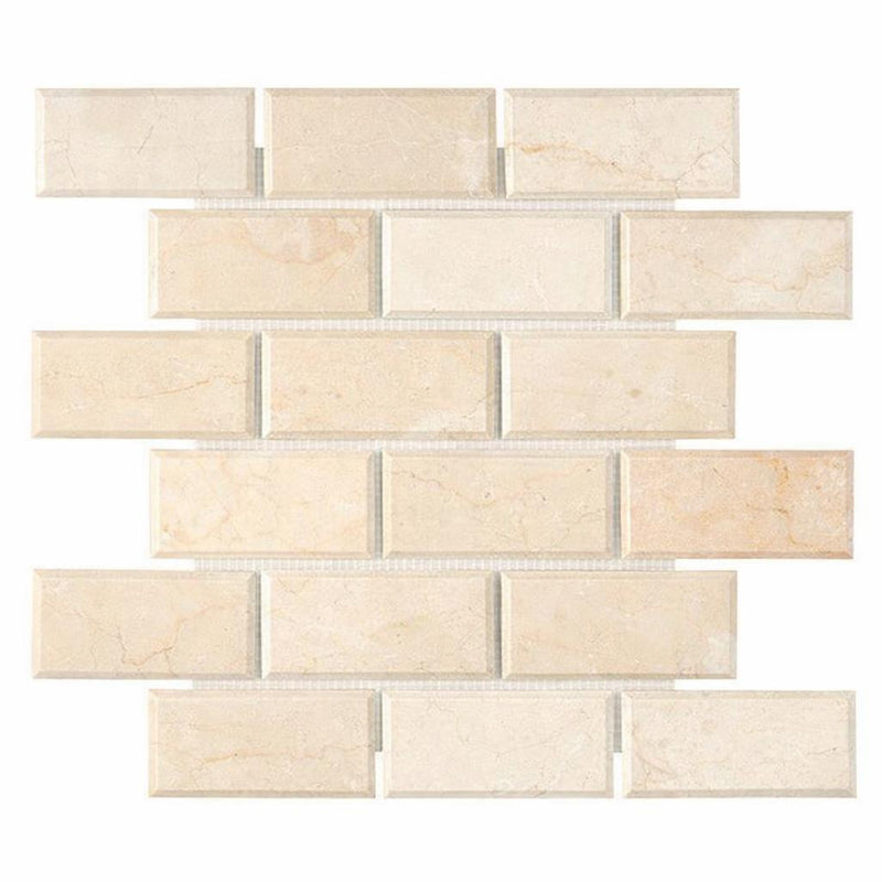 Crema Marfil (Spanish) Marble 2x4 Cream Honed Brick Joint Mosaic Deep-Beveled Brick Mosaic