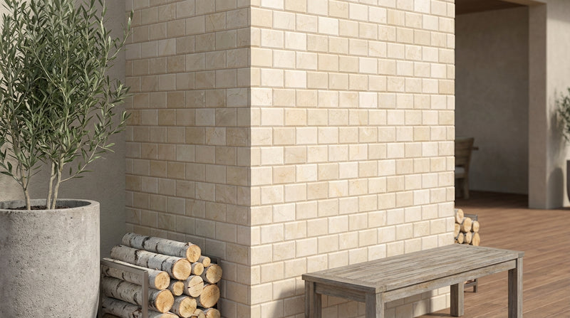 Crema Marfil (Spanish) Marble 2x4 Cream Honed Brick Joint Mosaic Deep-Beveled Brick Mosaic