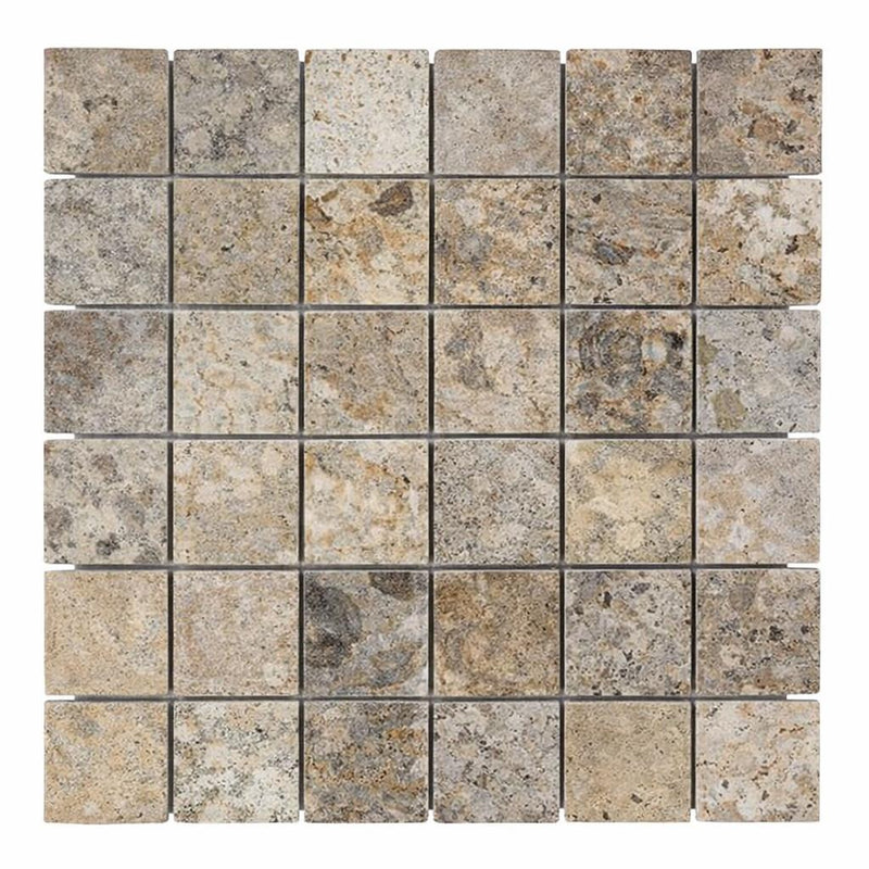 Silver (Pewter Blend) Travertine 2x2 Tumbled Travertine Mosaic