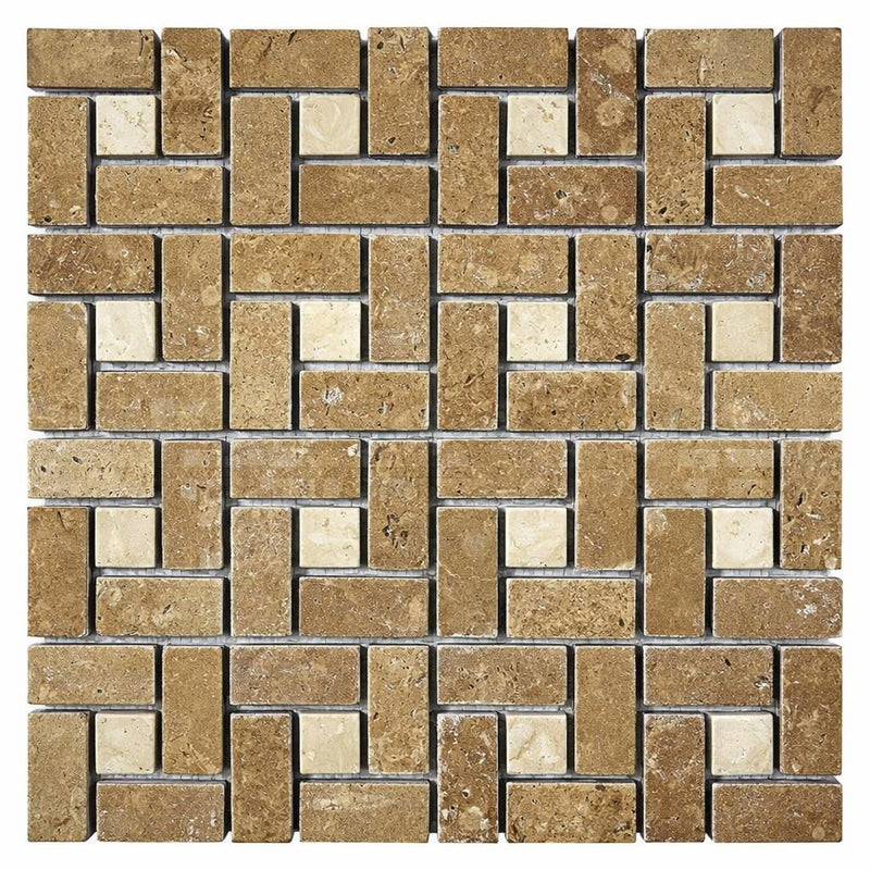 Noce (Antalya) Travertine 1x2 Tumbled Travertine Pinwheel Mosaic Pinwheel (Large) Mosaic w/ Ivory Dots