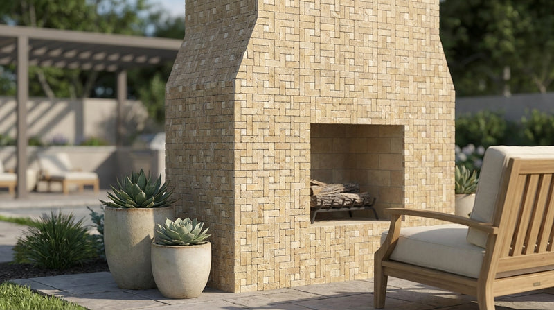 Noce (Antalya) Travertine 1x2 Tumbled Travertine Pinwheel Mosaic Pinwheel (Large) Mosaic w/ Ivory Dots