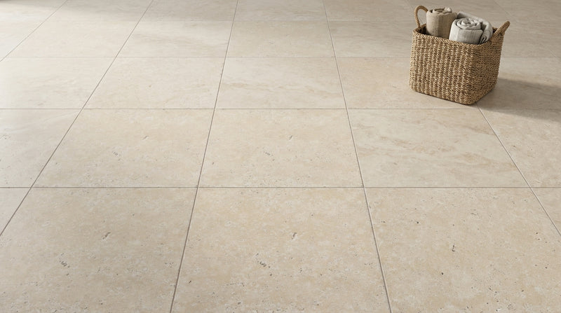 Ivory / Light Travertine 16x16 Cream Unfilled, Brushed & Chiseled Tile