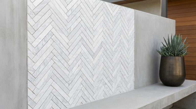 Bianco Congelato Marble 1x4 Leathered Dolomite Herringbone Mosaic