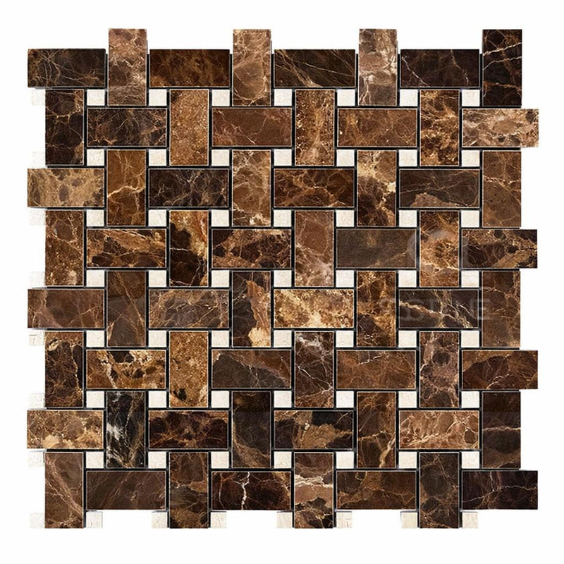 Emperador Dark (Spanish) Marble Polished Basketweave Mosaic w/ C. Marfil Dots