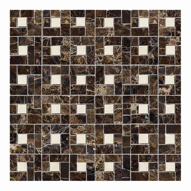 Emperador Dark (Spanish) Marble Polished Pinwheel Mosaic Pinwheel (Mini) Mosaic w/ C. Marfil Dots