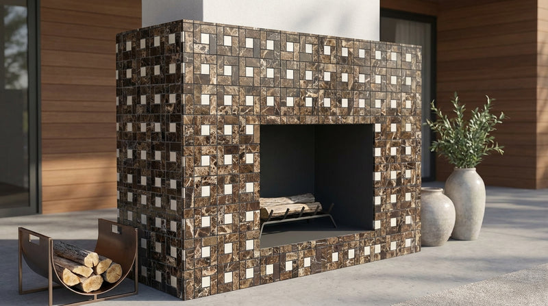 Emperador Dark (Spanish) Marble Polished Pinwheel Mosaic Pinwheel (Mini) Mosaic w/ C. Marfil Dots