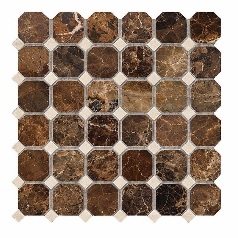 Emperador Dark (Spanish) Marble Polished Octagon Mosaic w/ C. Marfil Dots