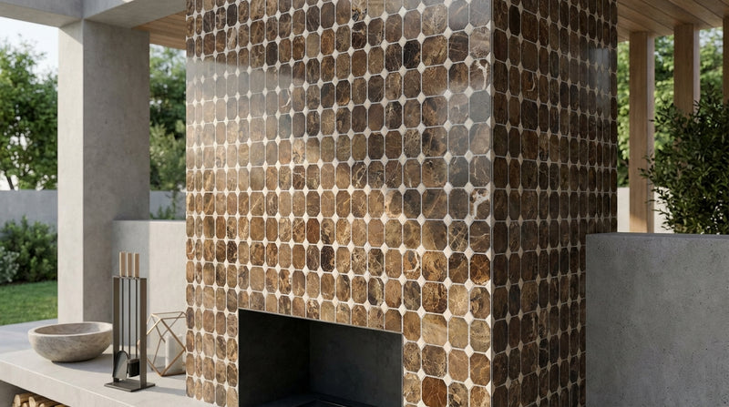 Emperador Dark (Spanish) Marble Polished Octagon Mosaic w/ C. Marfil Dots