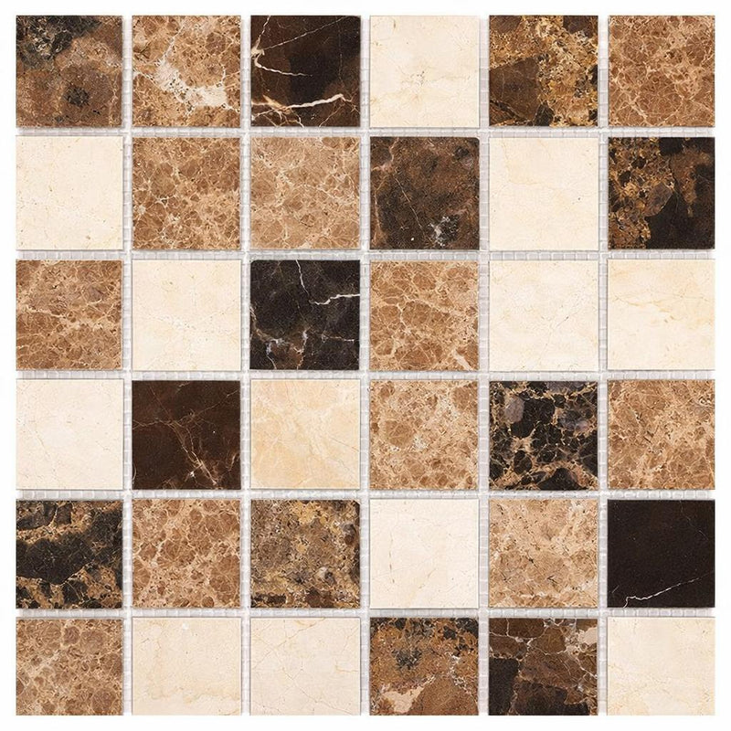 Spanish Mix Marble 2x2 Polished Mosaic (Crema Marfil + Emp. Light + Emp. Dark)